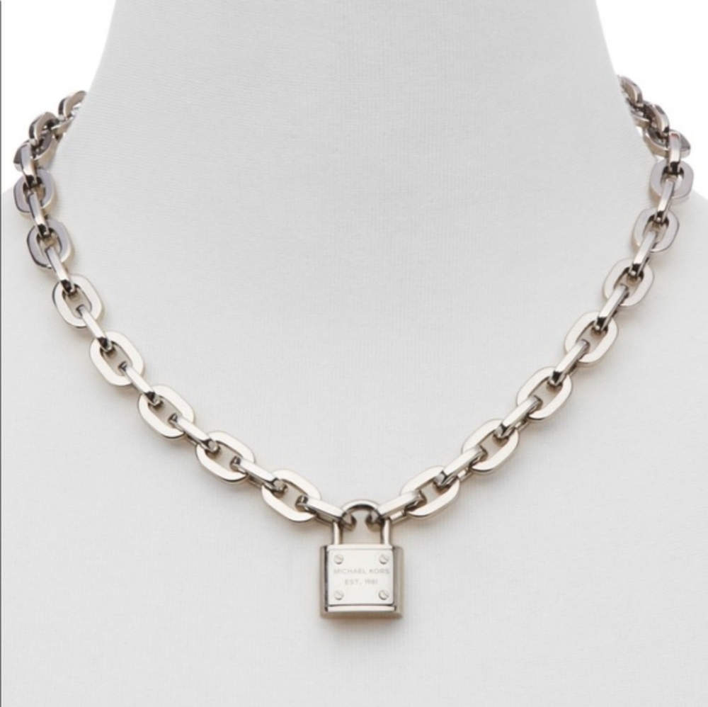Michael Kors Square Chain Link Padlock Necklace Silver Plate Stainless Steel NWT - Picture 16 of 16